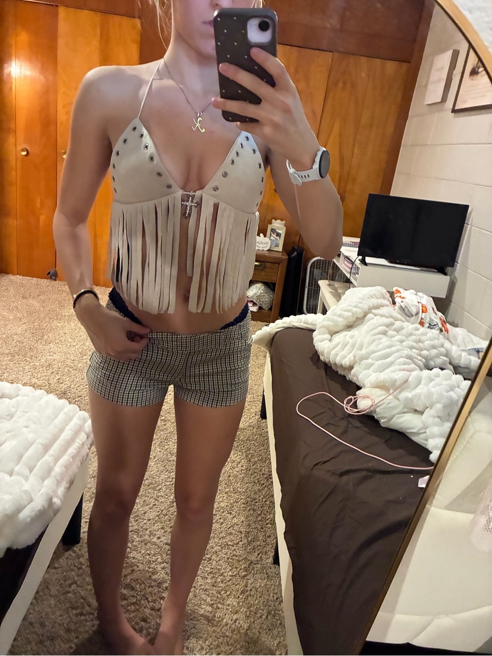 Beige Fringe Halter Crop Top with Stud Accents - Women's Tank